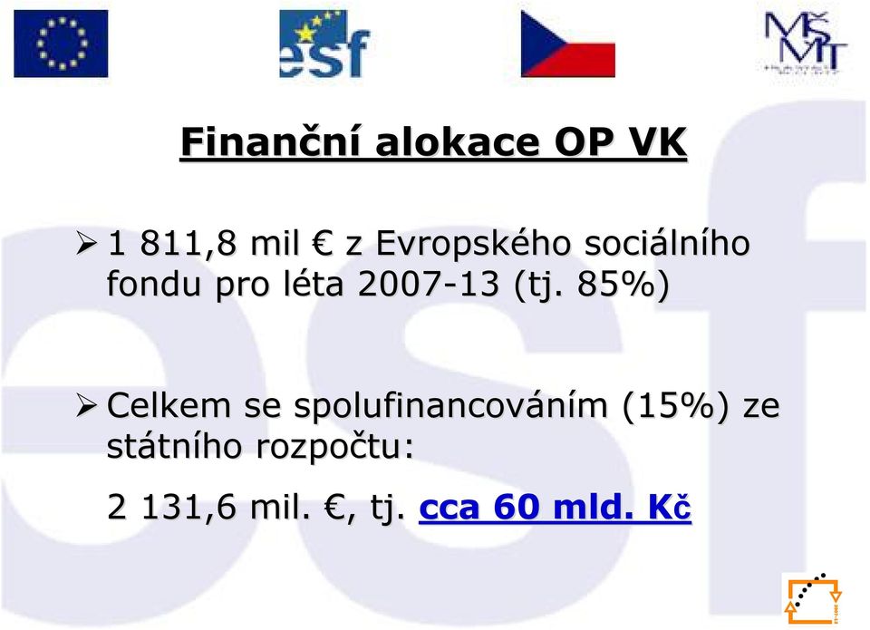 ( 85%) Celkem se spolufinancováním (15%) ze státn