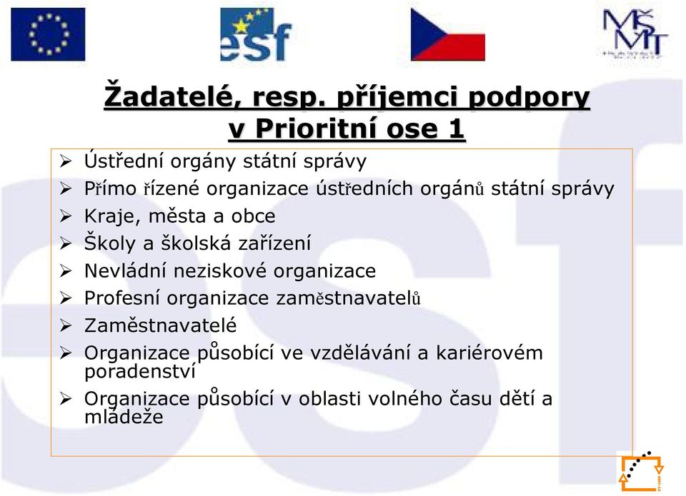 ústředních orgánů státní správy Kraje, města a obce Školy a školská zařízení Nevládní neziskové