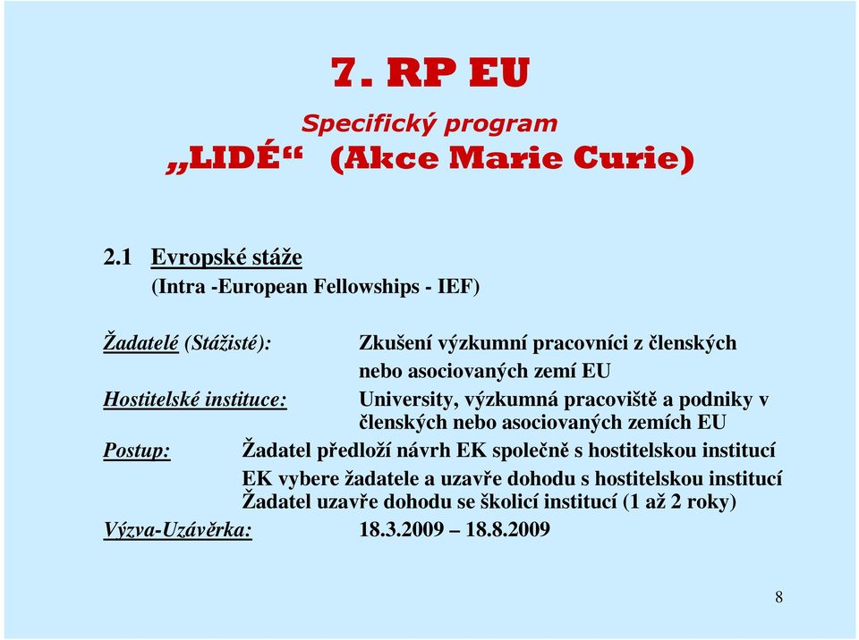 asociovaných zemích EU Postup: Žadatel předloží návrh EK společně s hostitelskou institucí EK vybere žadatele a