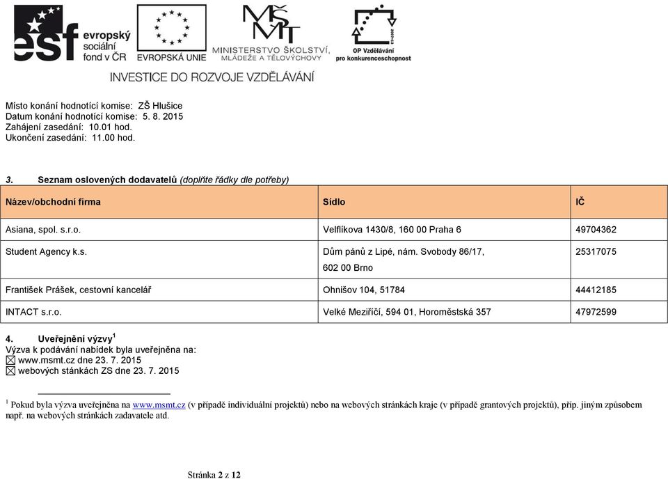Svobody 86/17, 602 00 Brno 25317075 František Prášek, cestovní kancelář Ohnišov 104, 51784 44412185 INTACT s.r.o. Velké Meziříčí, 594 01, Horoměstská 357 47972599 4.