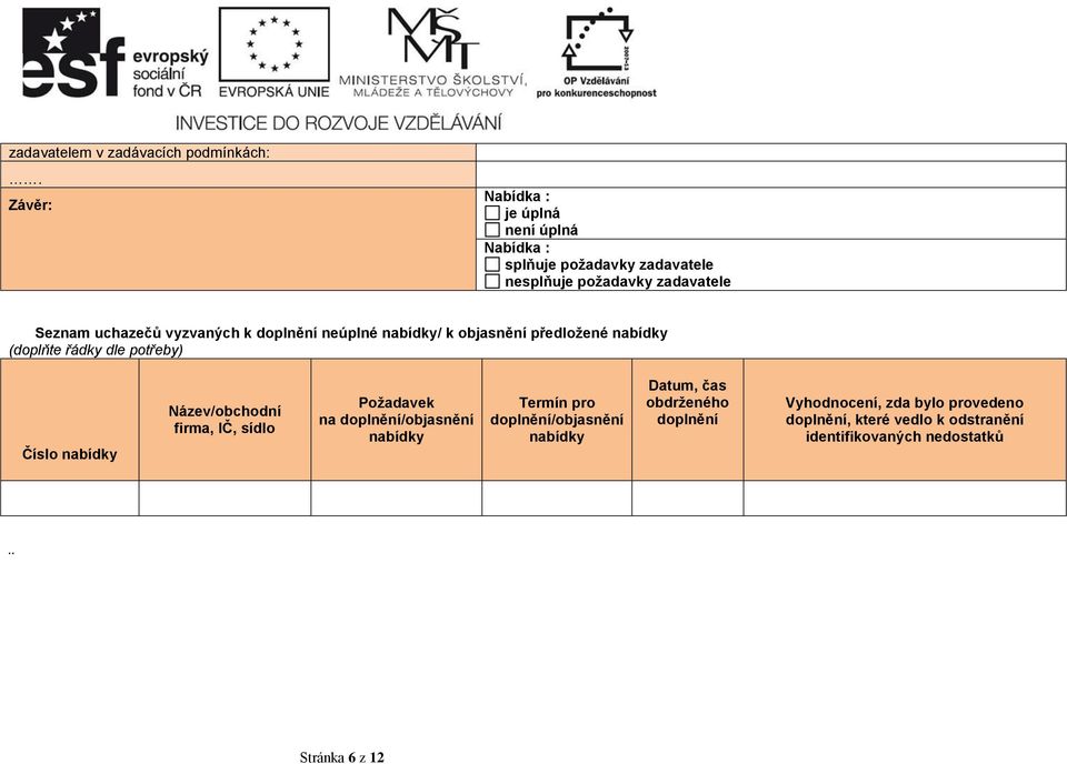 vyzvaných k doplnění neúplné nabídky/ k objasnění předložené nabídky (doplňte řádky dle potřeby) Číslo nabídky Název/obchodní