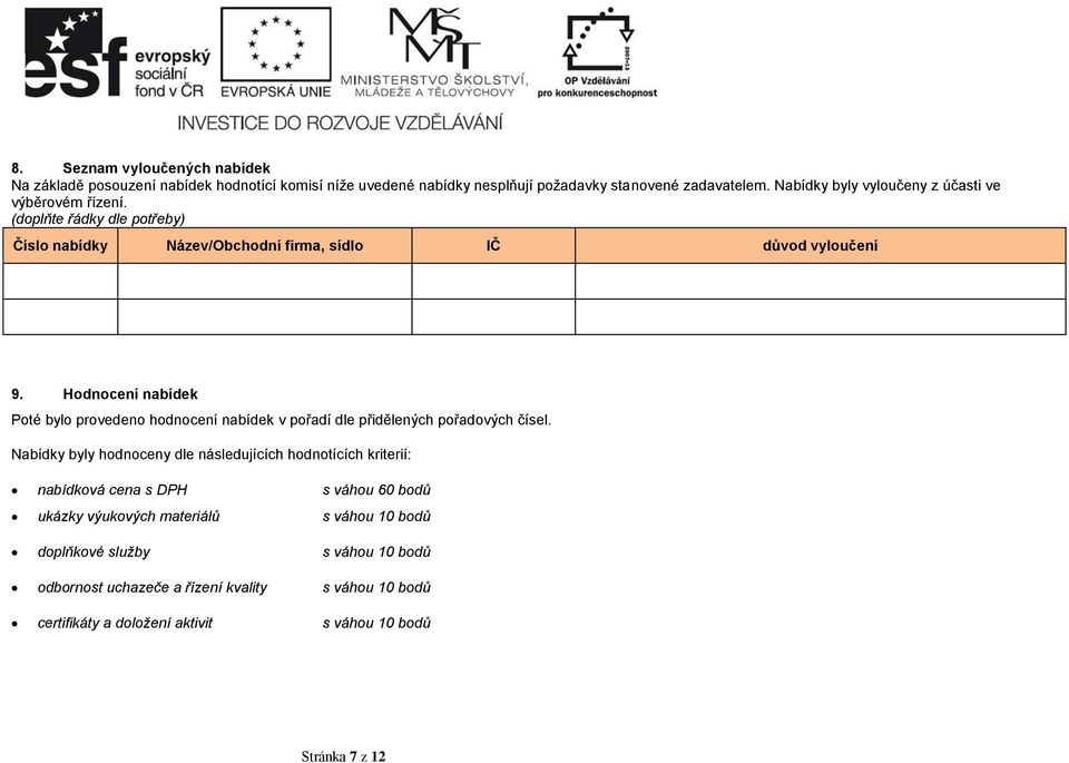 Hodnocení nabídek Poté bylo provedeno hodnocení nabídek v pořadí dle přidělených pořadových čísel.