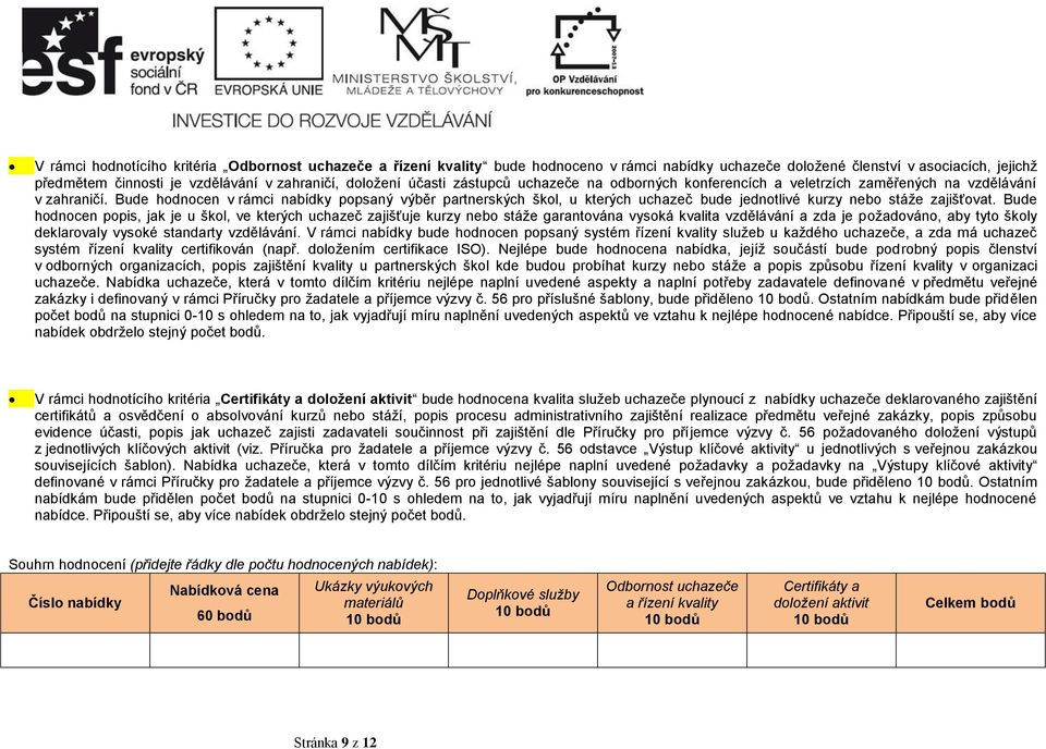 Bude hodnocen v rámci nabídky popsaný výběr partnerských škol, u kterých uchazeč bude jednotlivé kurzy nebo stáže zajišťovat.