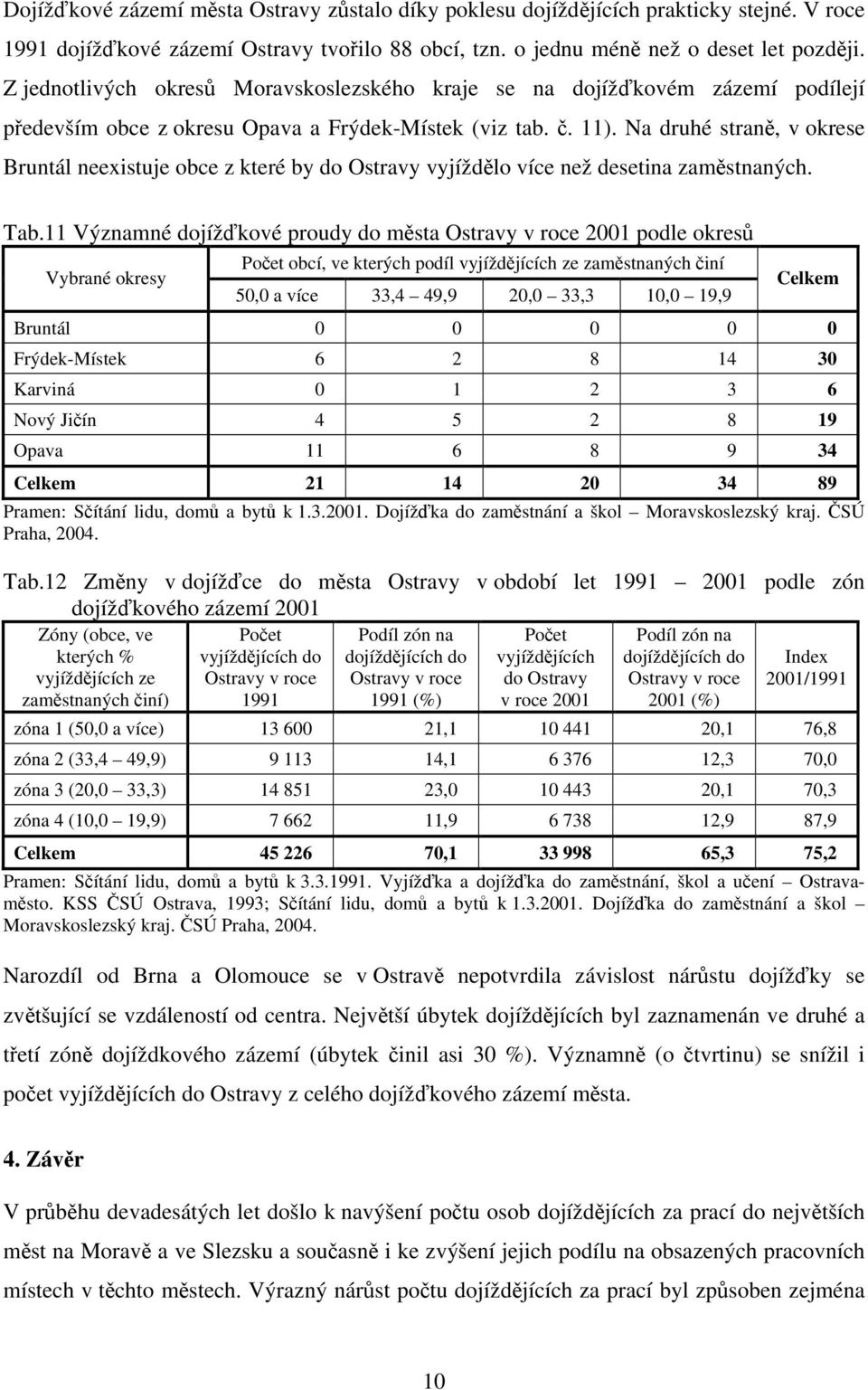 Na druhé straně, v okrese Bruntál neexistuje obce z které by do Ostravy vyjíždělo více než desetina zaměstnaných. Tab.