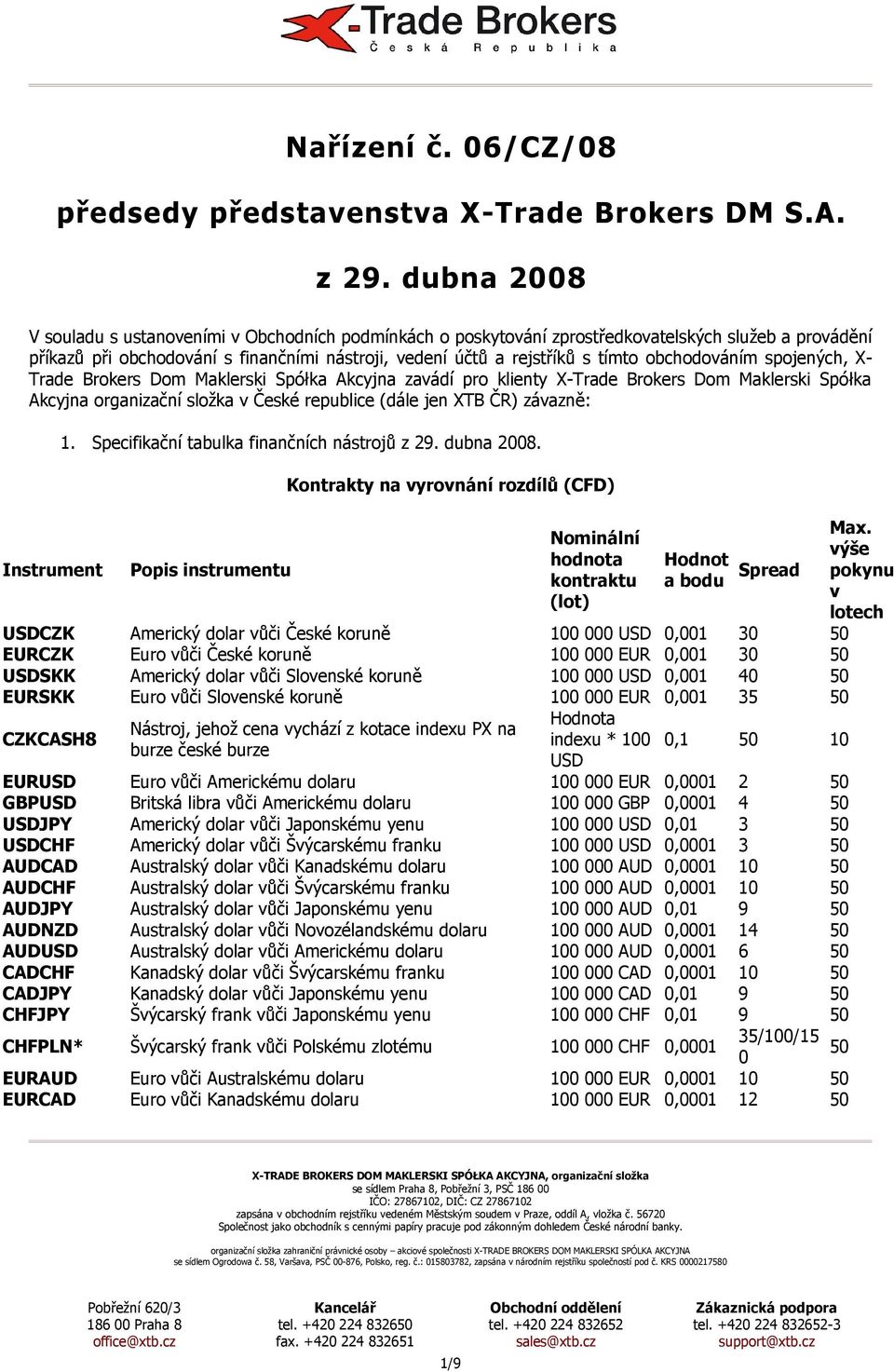 obchodováním spojených, X- Trade Brokers Dom Maklerski Spółka Akcyj zavádí pro klienty X-Trade Brokers Dom Maklerski Spółka Akcyj organizační složka v České republice (dále jen XTB ČR) závazně: