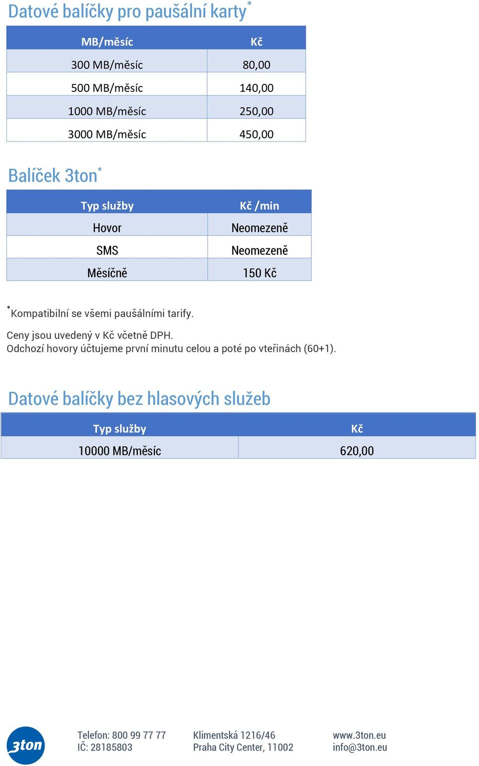 Kompatibilní se všemi paušálními tarify. Ceny jsou uvedený v Kč včetně DPH.