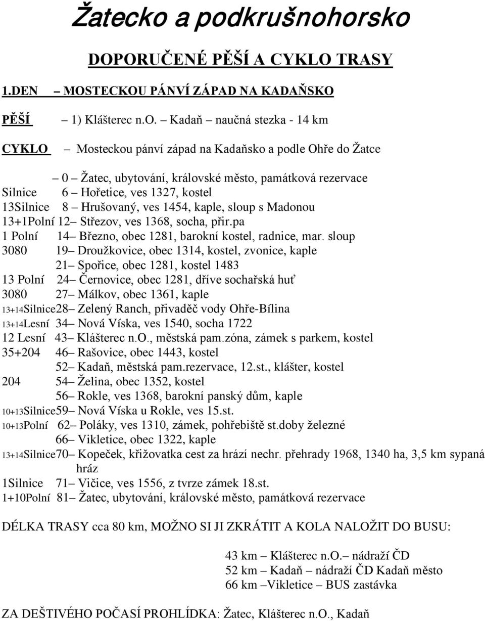 1327, kostel 13 8 Hrušovaný, ves 1454, kaple, sloup s Madonou 13+1Polní 12 Střezov, ves 1368, socha, přir.pa 1 Polní 14 Březno, obec 1281, barokní kostel, radnice, mar.