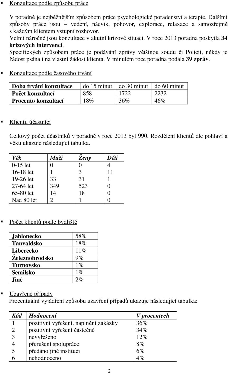 V roce 2013 poradna poskytla 34 krizových intervencí. Specifických způsobem práce je podávání zprávy většinou soudu či Policii, někdy je žádost psána i na vlastní žádost klienta.