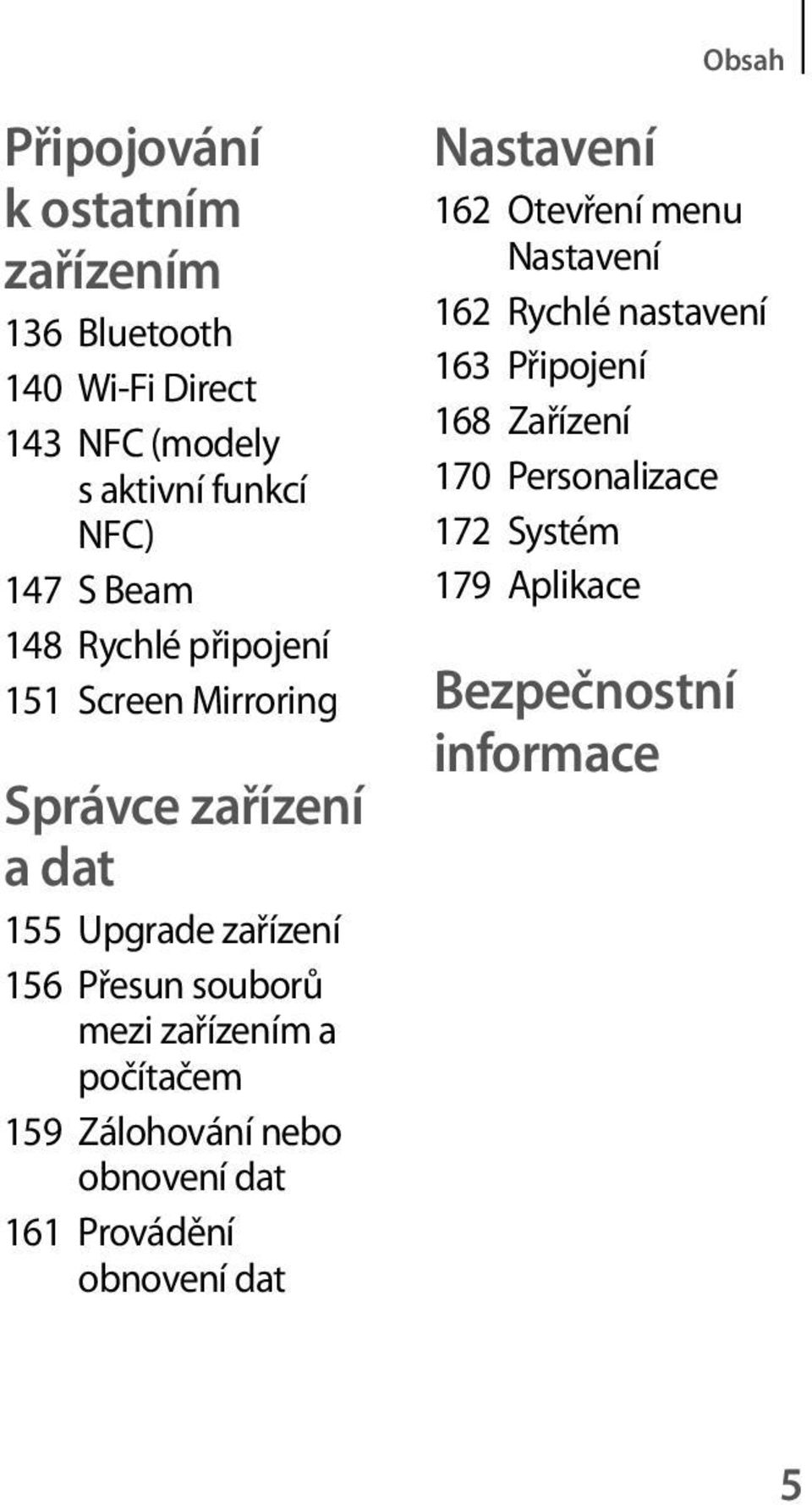 zařízením a počítačem 159 Zálohování nebo obnovení dat 161 Provádění obnovení dat Nastavení 162 Otevření menu