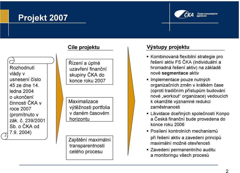 2004) Cíle projektu Řízení a úplné uzavření finanční skupiny ČKA do konce roku 2007 Maximalizace výtěžnosti portfolia v daném časovém horizontu Zajištění maximální transparentnosti celého procesu