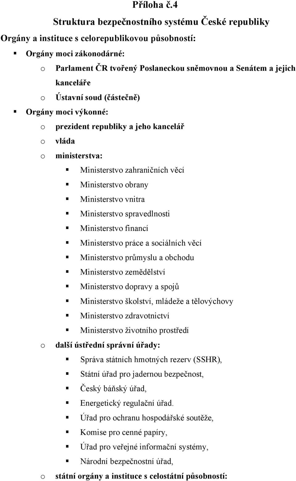 o Ústavní soud (částečně) Orgány moci výkonné: o prezident republiky a jeho kancelář o vláda o ministerstva: Ministerstvo zahraničních věcí Ministerstvo obrany Ministerstvo vnitra Ministerstvo