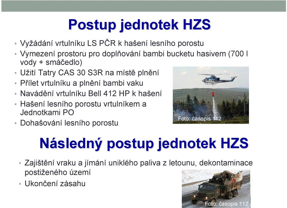 412 HP k hašení Hašení lesního porostu vrtulníkem a Jednotkami PO Foto: časopis 112 Dohašování lesního porostu Následný postup