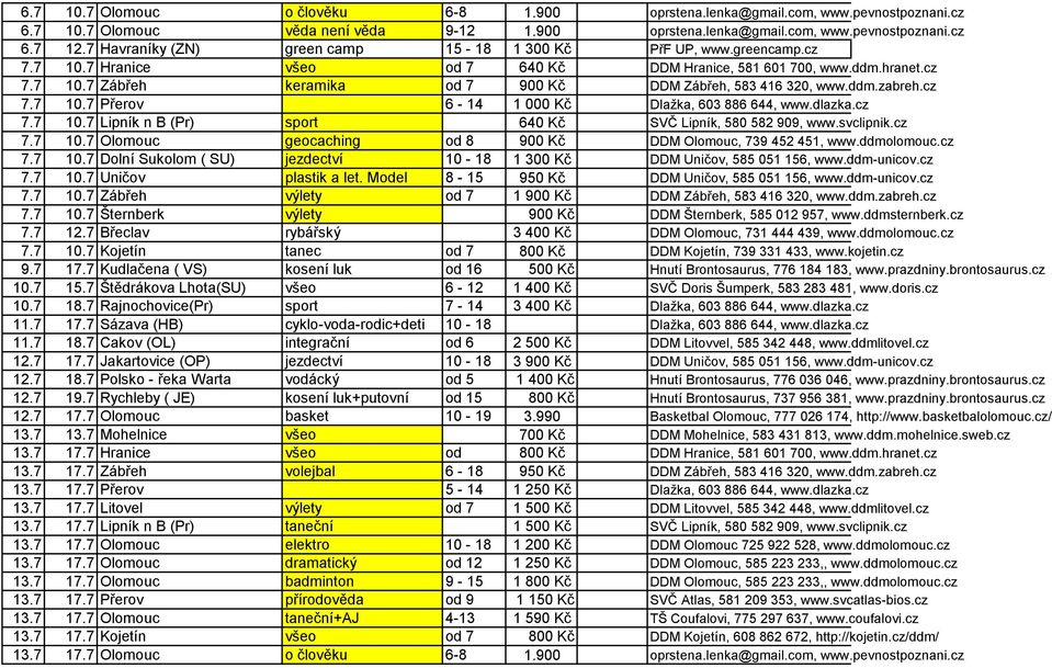 ddm.zabreh.cz 7.7 10.7 Přerov 6-14 1 000 Kč Dlažka, 603 886 644, www.dlazka.cz 7.7 10.7 Lipník n B (Pr) sport 640 Kč SVČ Lipník, 580 582 909, www.svclipnik.cz 7.7 10.7 Olomouc geocaching od 8 900 Kč DDM Olomouc, 739 452 451, www.