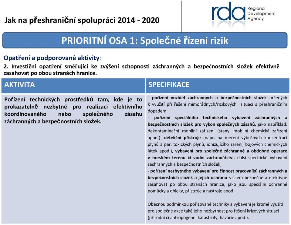 AKTIVITA Pořízení technických prostředků tam, kde je to prokazatelně nezbytné pro realizaci efektivního koordinovaného nebo společného zásahu záchranných a bezpečnostních složek.