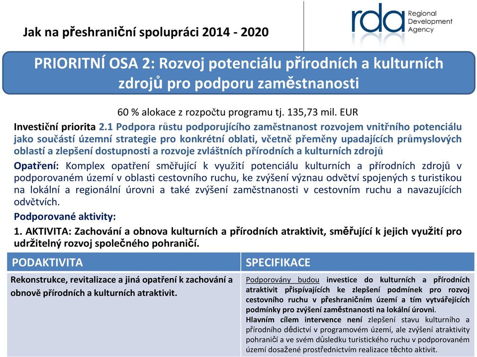 rozvoje zvláštních přírodních a kulturních zdrojů Opatření: Komplex opatření směřující k využití potenciálu kulturních a přírodních zdrojů v podporovaném území v oblasti cestovního ruchu, ke zvýšení