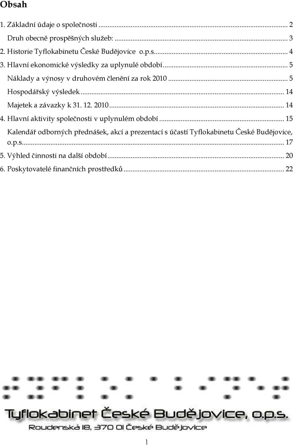 .. 14 Majetek a závazky k 31. 12. 2010... 14 4. Hlavní aktivity společnosti v uplynulém období.