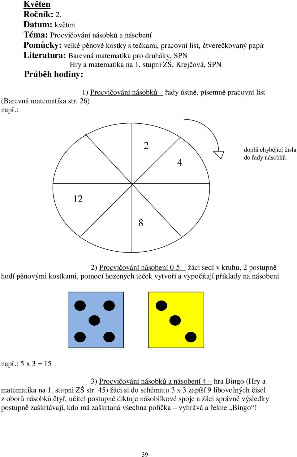 stupni ZŠ, Krej ová, SPN Pr h hodiny: 1) Procvi ování násobk ady ústn, písemn pracovní list (Barevná matematika str. 26) nap.