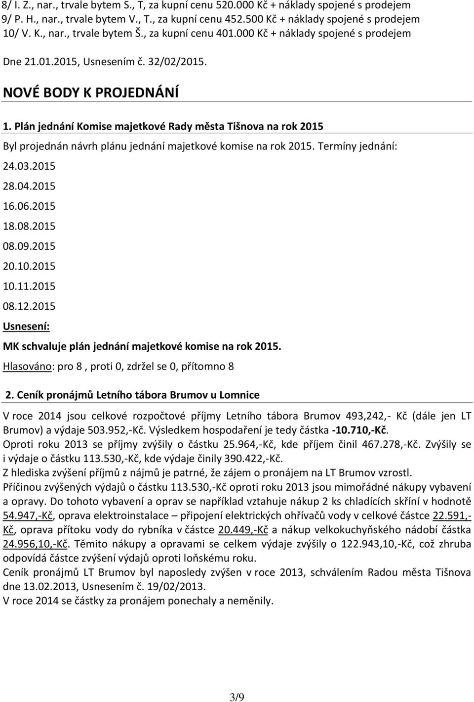 Plán jednání Komise majetkové Rady města Tišnova na rok 2015 Byl projednán návrh plánu jednání majetkové komise na rok 2015. Termíny jednání: 24.03.2015 28.04.2015 16.06.2015 18.08.2015 08.09.2015 20.