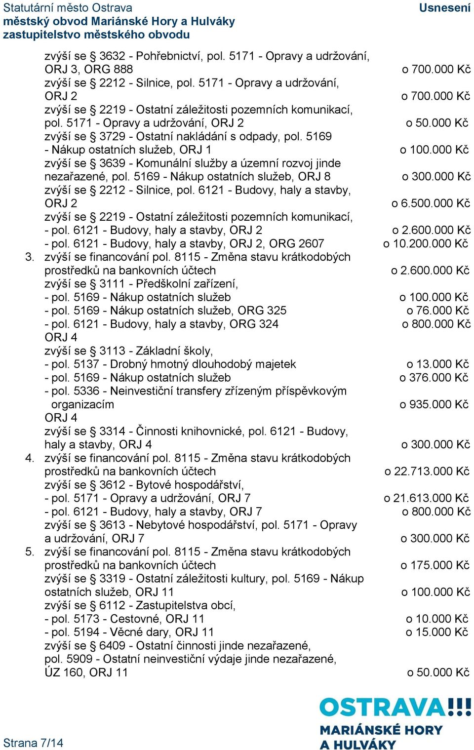 5169 - Nákup ostatních služeb, ORJ 1 o 100.000 Kč zvýší se 3639 - Komunální služby a územní rozvoj jinde nezařazené, pol. 5169 - Nákup ostatních služeb, ORJ 8 o 300.