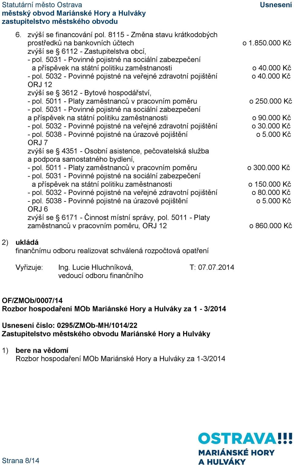 000 Kč ORJ 12 zvýší se 3612 - Bytové hospodářství, - pol. 5011 - Platy zaměstnanců v pracovním poměru o 250.000 Kč - pol.