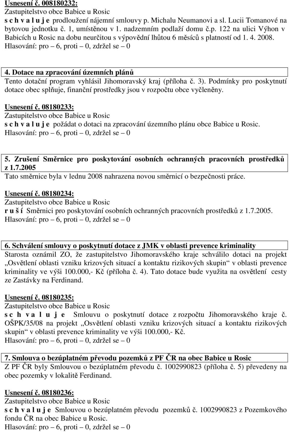 08180233: s c h v a l u j e požádat o dotaci na zpracování územního plánu obce Babice u Rosic. 5. Zrušení Směrnice pro poskytování osobních ochranných pracovních prostředků z 1.7.