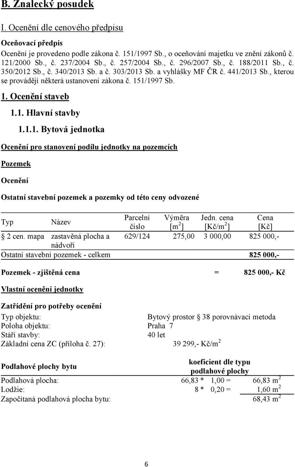 1. Hlavní stavby 1.1.1. Bytová jednotka Ocenění pro stanovení podílu jednotky na pozemcích Pozemek Ocenění Ostatní stavební pozemek a pozemky od této ceny odvozené Typ Název Parcelní Výměra Jedn.