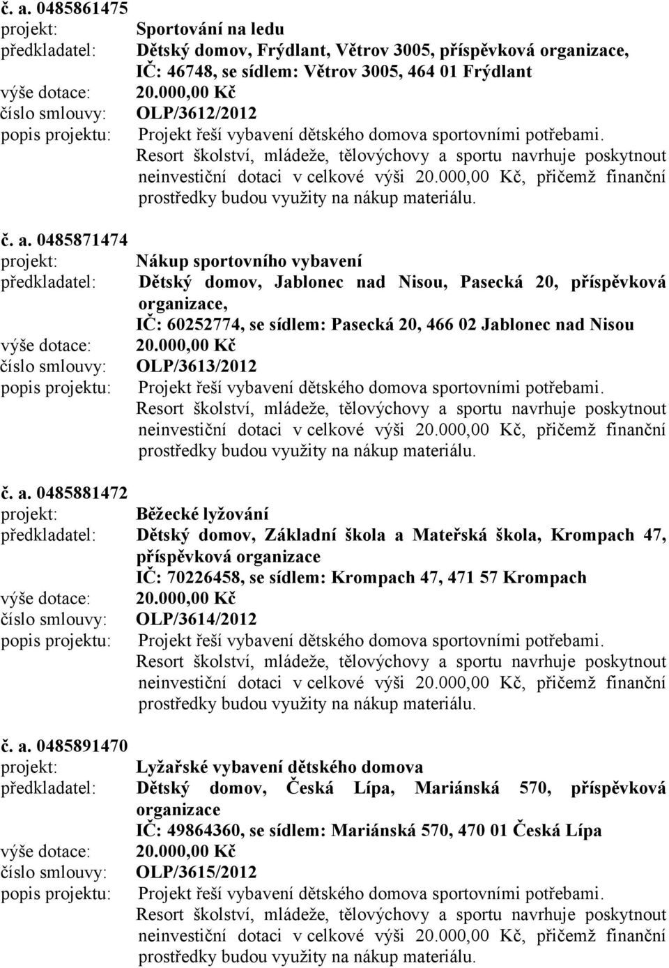 0485881472 Běžecké lyžování Dětský domov, Základní škola a Mateřská škola, Krompach 47, příspěvková IČ: 70226458, se sídlem: Krompach 47, 471 57 Krompach OLP/3614/2012 č.