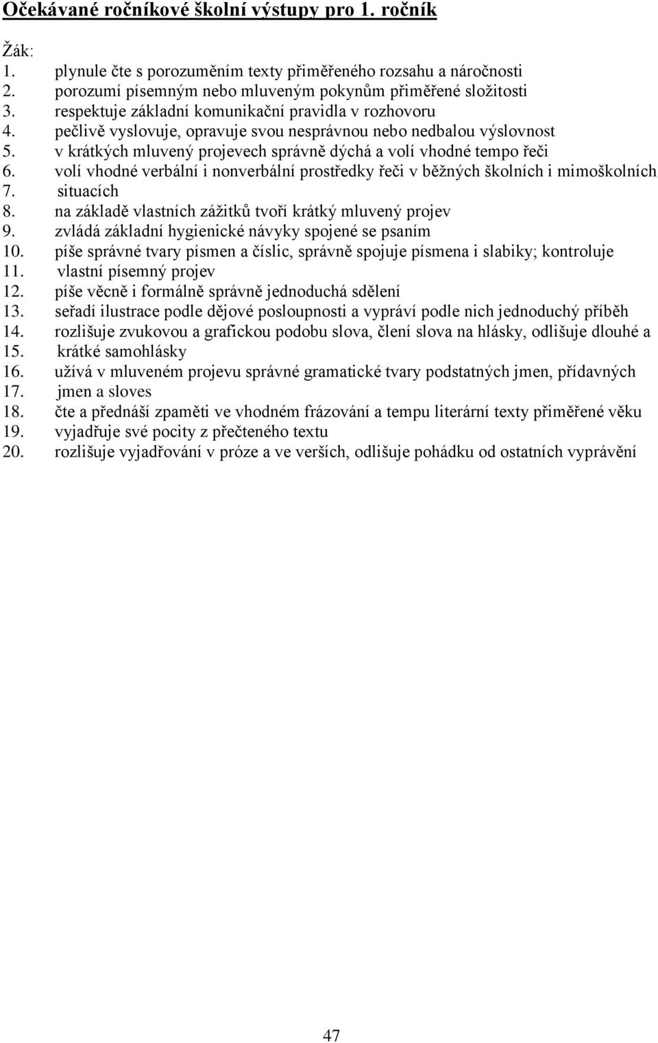 volí vhodné verbální i nonverbální prostředky řeči v běžných školních i mimoškolních 7. situacích 8. na základě vlastních zážitků tvoří krátký mluvený projev 9.