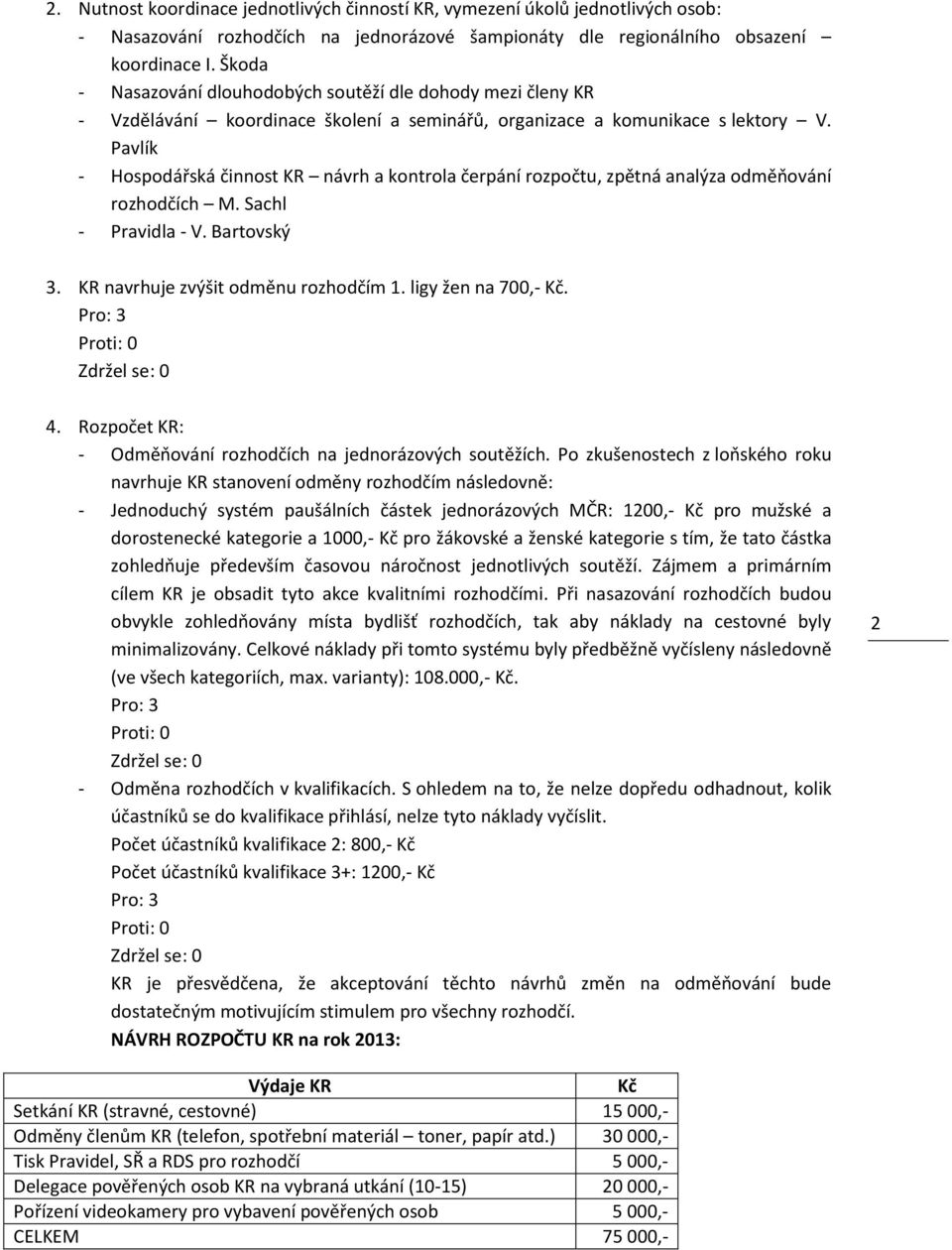 Pavlík - Hospodářská činnost KR návrh a kontrola čerpání rozpočtu, zpětná analýza odměňování rozhodčích M. Sachl - Pravidla - V. Bartovský 3. KR navrhuje zvýšit odměnu rozhodčím 1.