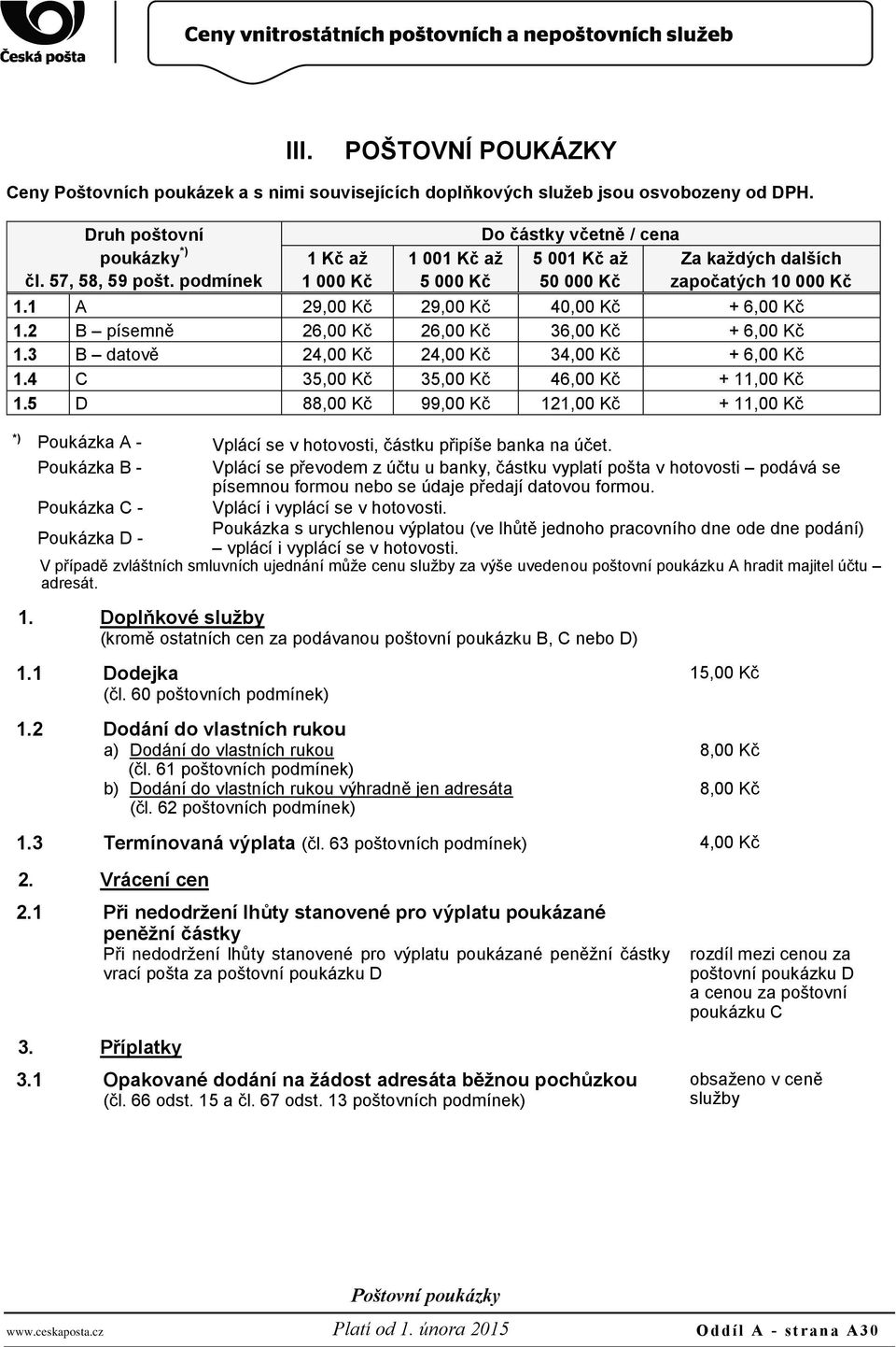 2 B písemně 26,00 Kč 26,00 Kč 36,00 Kč + 6,00 Kč 1.3 B datově 24,00 Kč 24,00 Kč 34,00 Kč + 6,00 Kč 1.4 C 35,00 Kč 35,00 Kč 46,00 Kč + 11,00 Kč 1.