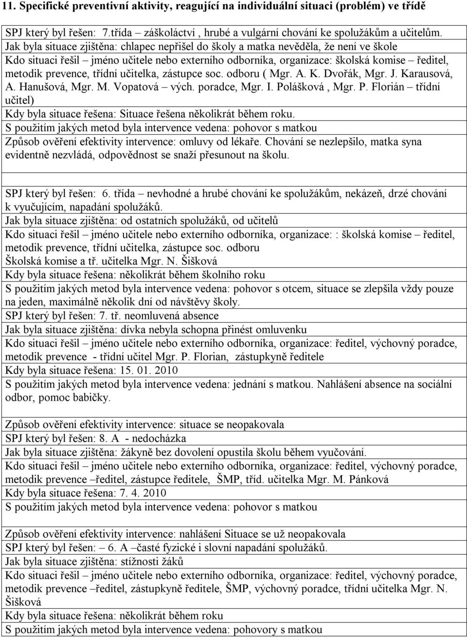 třídní učitelka, zástupce soc. odboru ( Mgr. A. K. Dvořák, Mgr. J. Karausová, A. Hanušová, Mgr. M. Vopatová vých. poradce, Mgr. I. Po