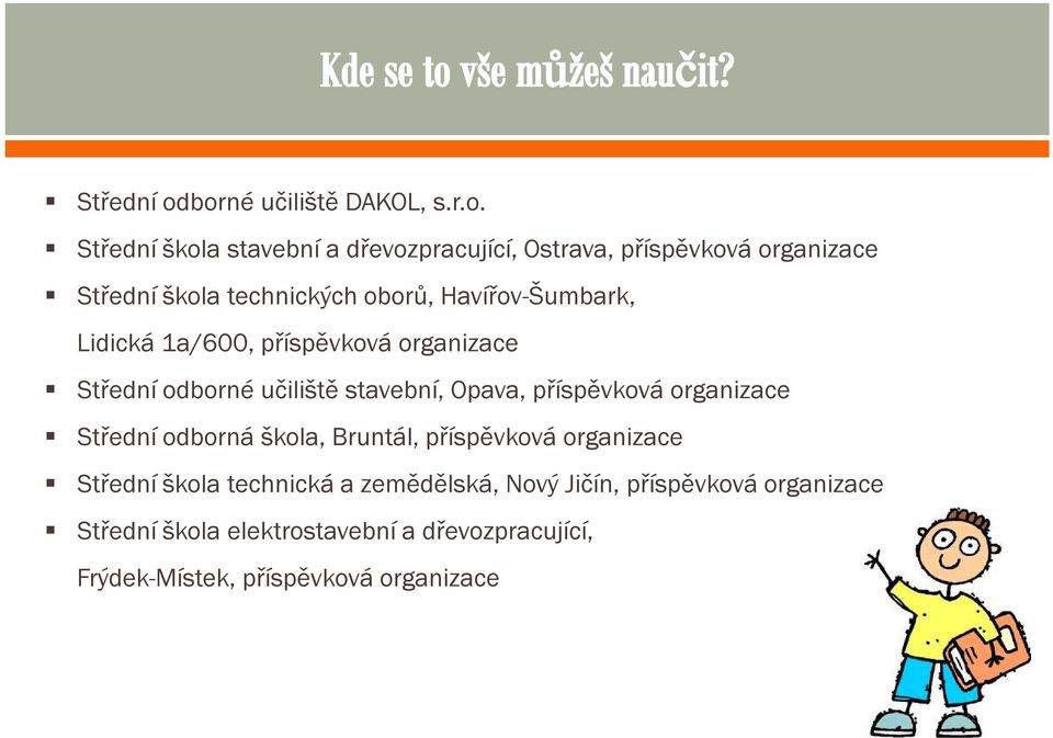 technických oborů, Havířov-Šumbark, Lidická 1a/600, příspěvková organizace borné učiliště stavební, Opava, příspěvková