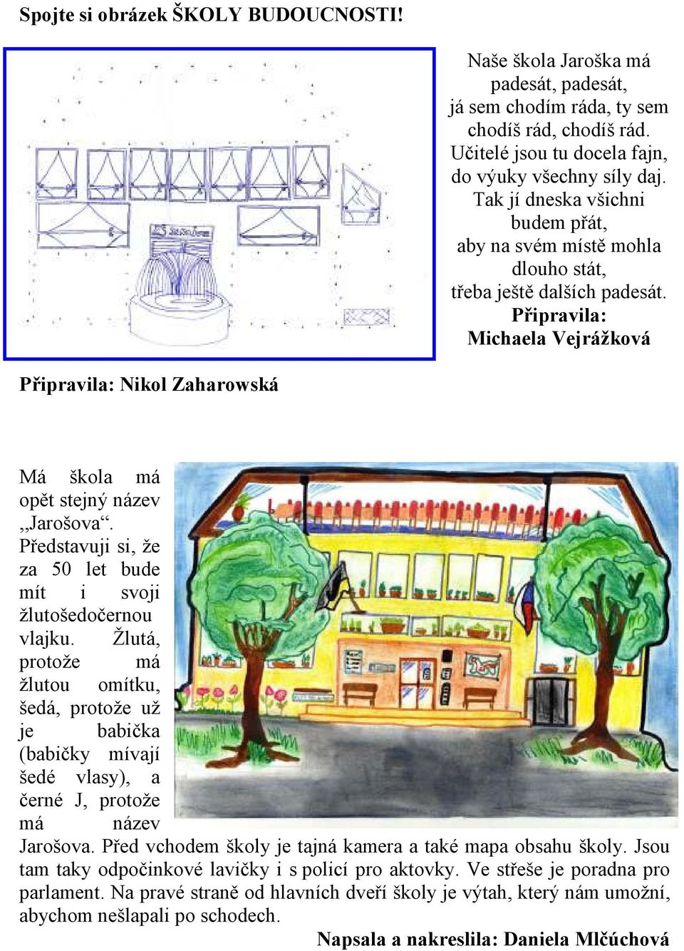 Připravila: Michaela Vejrážková Připravila: Nikol Zaharowská Má škola má opět stejný název,,jarošova. Představuji si, že za 50 let bude mít i svoji žlutošedočernou vlajku.
