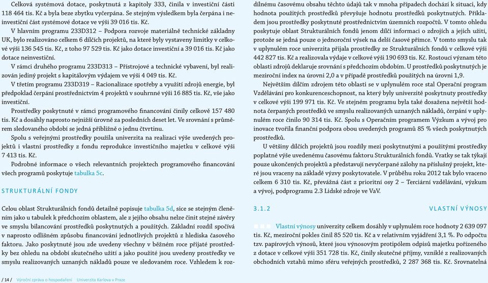 V hlavním programu 233D312 Podpora rozvoje materiálně technické základny UK, bylo realizováno celkem 6 dílčích projektů, na které byly vystaveny limitky v celkové výši 136 545 tis.