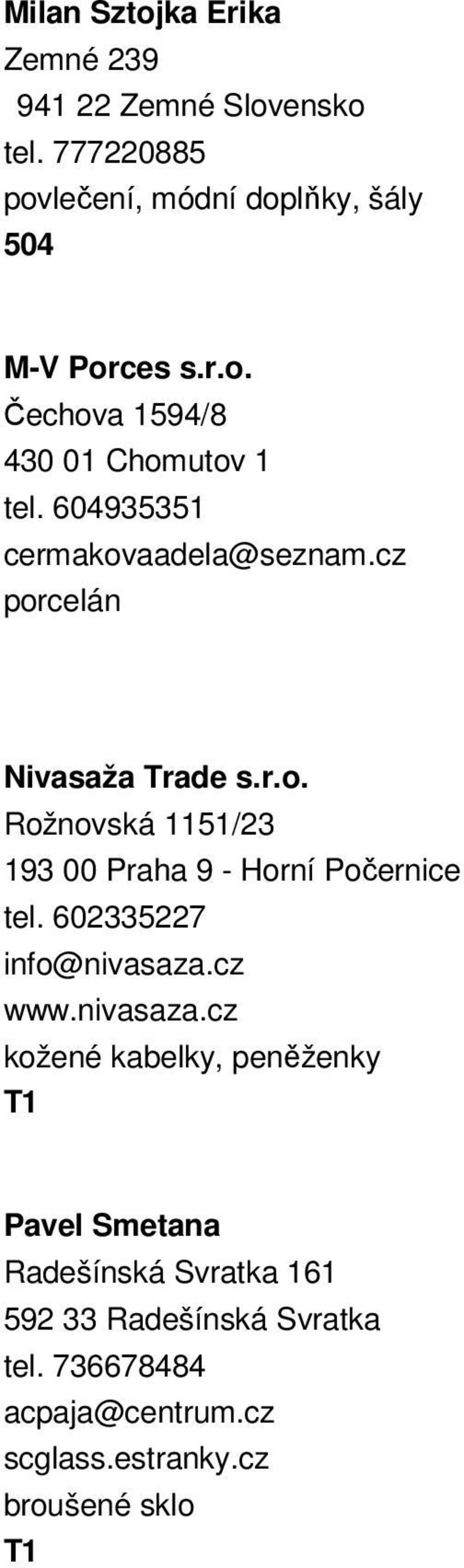 602335227 info@nivasaza.cz www.nivasaza.cz kožené kabelky, peněženky Pavel Smetana Radešínská Svratka 161 592 33 Radešínská Svratka tel.