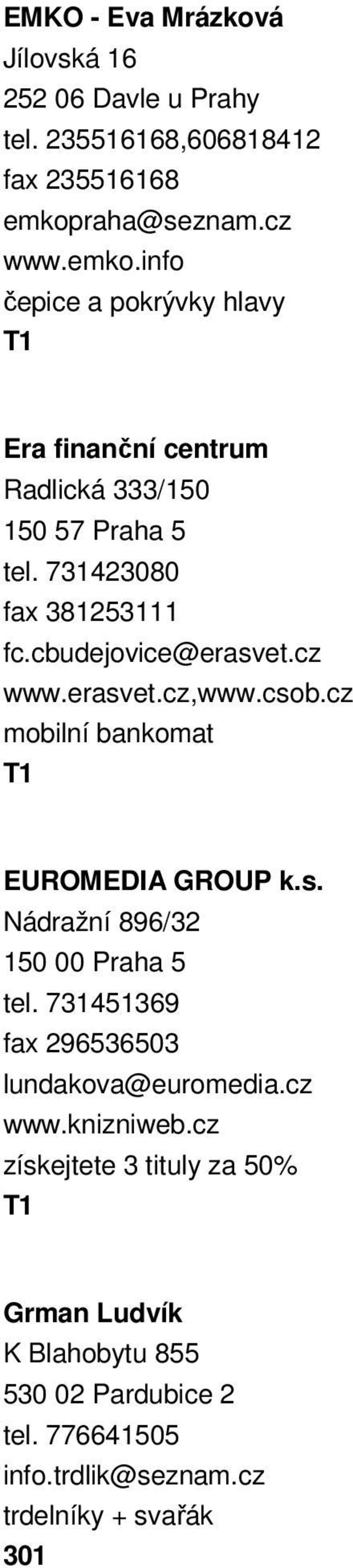 cbudejovice@erasvet.cz www.erasvet.cz,www.csob.cz mobilní bankomat EUROMEDIA GROUP k.s. Nádražní 896/32 150 00 Praha 5 tel.