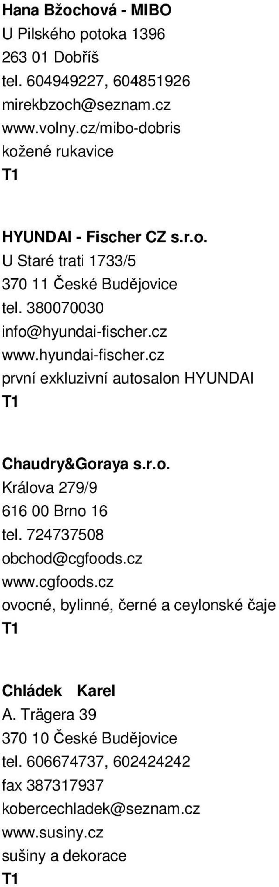 hyundai-fischer.cz první exkluzivní autosalon HYUNDAI Chaudry&Goraya s.r.o. Králova 279/9 616 00 Brno 16 tel. 724737508 obchod@cgfoods.