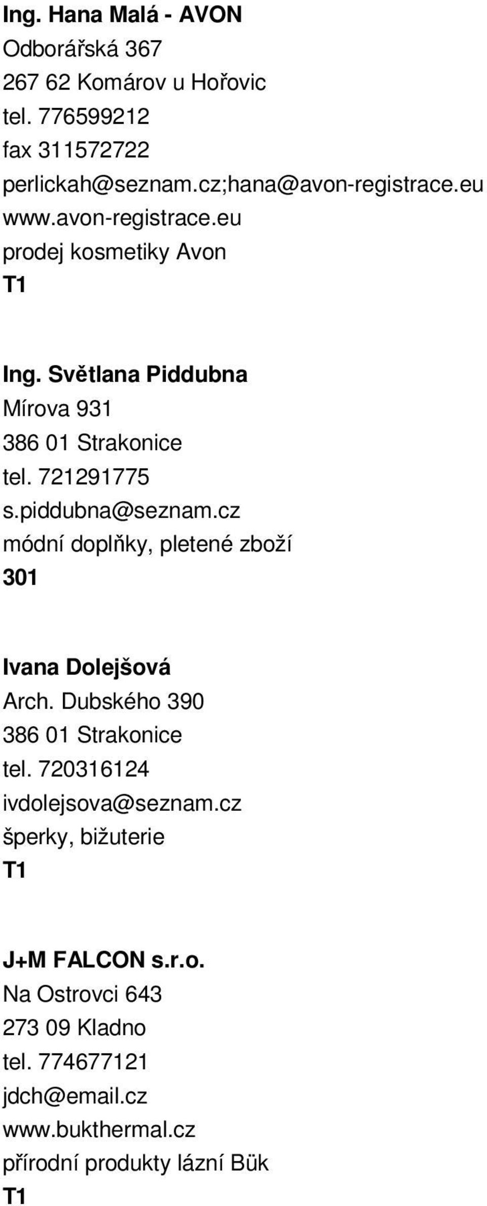 cz módní doplňky, pletené zboží 301 Ivana Dolejšová Arch. Dubského 390 386 01 Strakonice tel. 720316124 ivdolejsova@seznam.