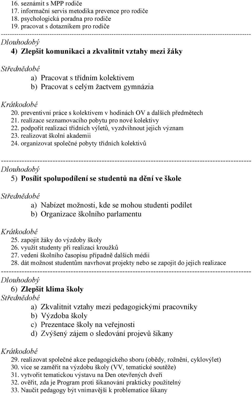 a) Pracovat s třídním kolektivem b) Pracovat s celým žactvem gymnázia 20. preventivní práce s kolektivem v hodinách OV a dalších předmětech 21. realizace seznamovacího pobytu pro nové kolektivy 22.