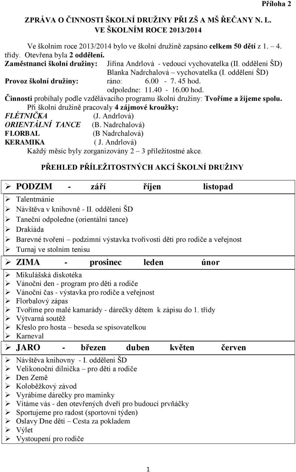 45 hod. odpoledne: 11.40-16.00 hod. Činnosti probíhaly podle vzdělávacího programu školní družiny: Tvoříme a žijeme spolu. Při školní družině pracovaly 4 zájmové kroužky: FLÉTNIČKA (J.