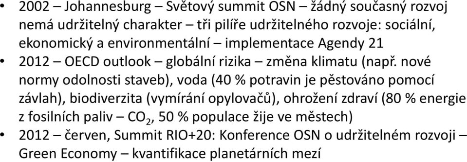 nové normy odolnosti staveb), voda (40 % potravin je pěstováno pomocí závlah), biodiverzita (vymírání opylovačů), ohrožení zdraví (80 %