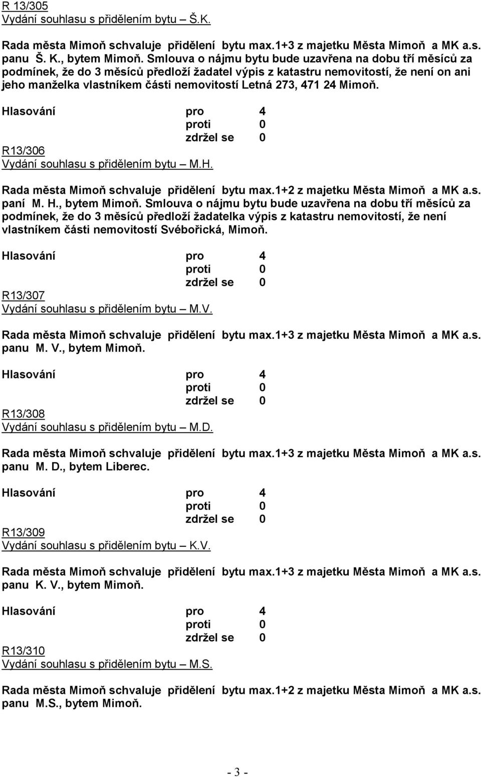 471 24 Mimoň. R13/306 Vydání souhlasu s přidělením bytu M.H. Rada města Mimoň schvaluje přidělení bytu max.1+2 z majetku Města Mimoň a MK a.s. paní M. H., bytem Mimoň.