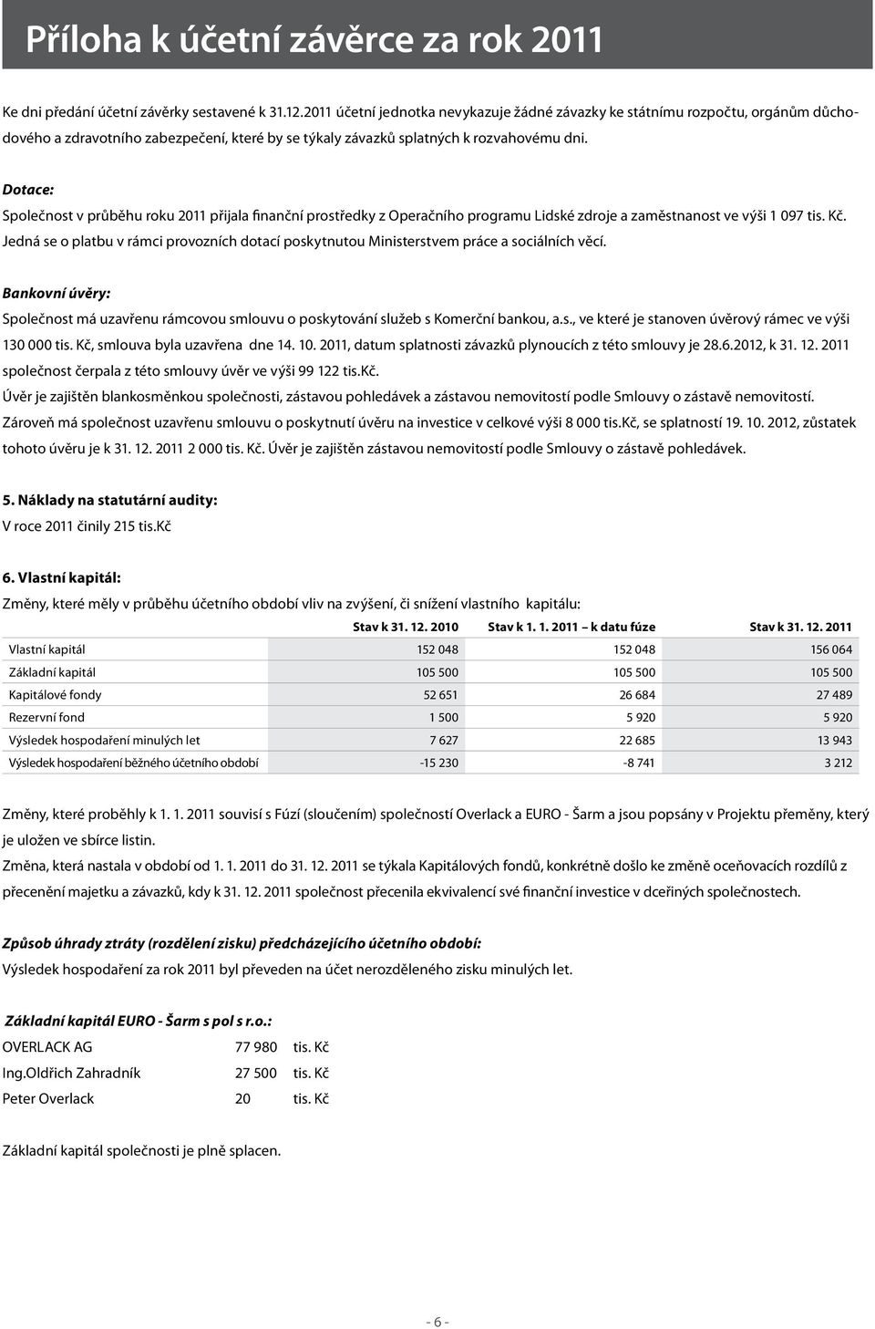 Dotace: Společnost v průběhu roku 2011 přijala finanční prostředky z Operačního programu Lidské zdroje a zaměstnanost ve výši 1 097 tis. Kč.