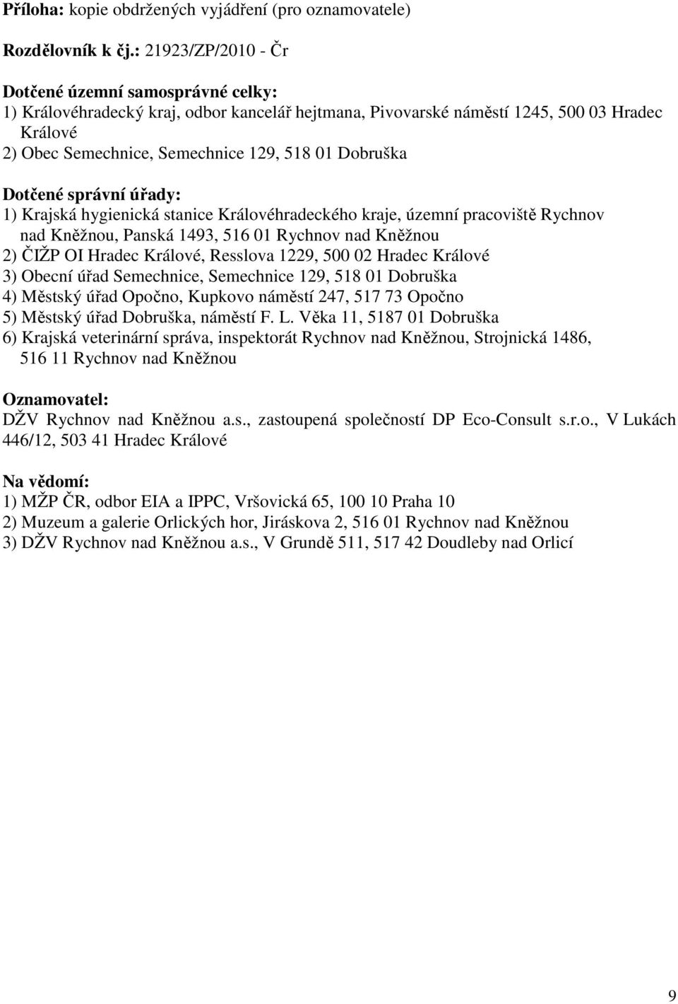 Dobruška Dotčené správní úřady: 1) Krajská hygienická stanice Královéhradeckého kraje, územní pracoviště Rychnov nad Kněžnou, Panská 1493, 516 01 Rychnov nad Kněžnou 2) ČIŽP OI Hradec Králové,