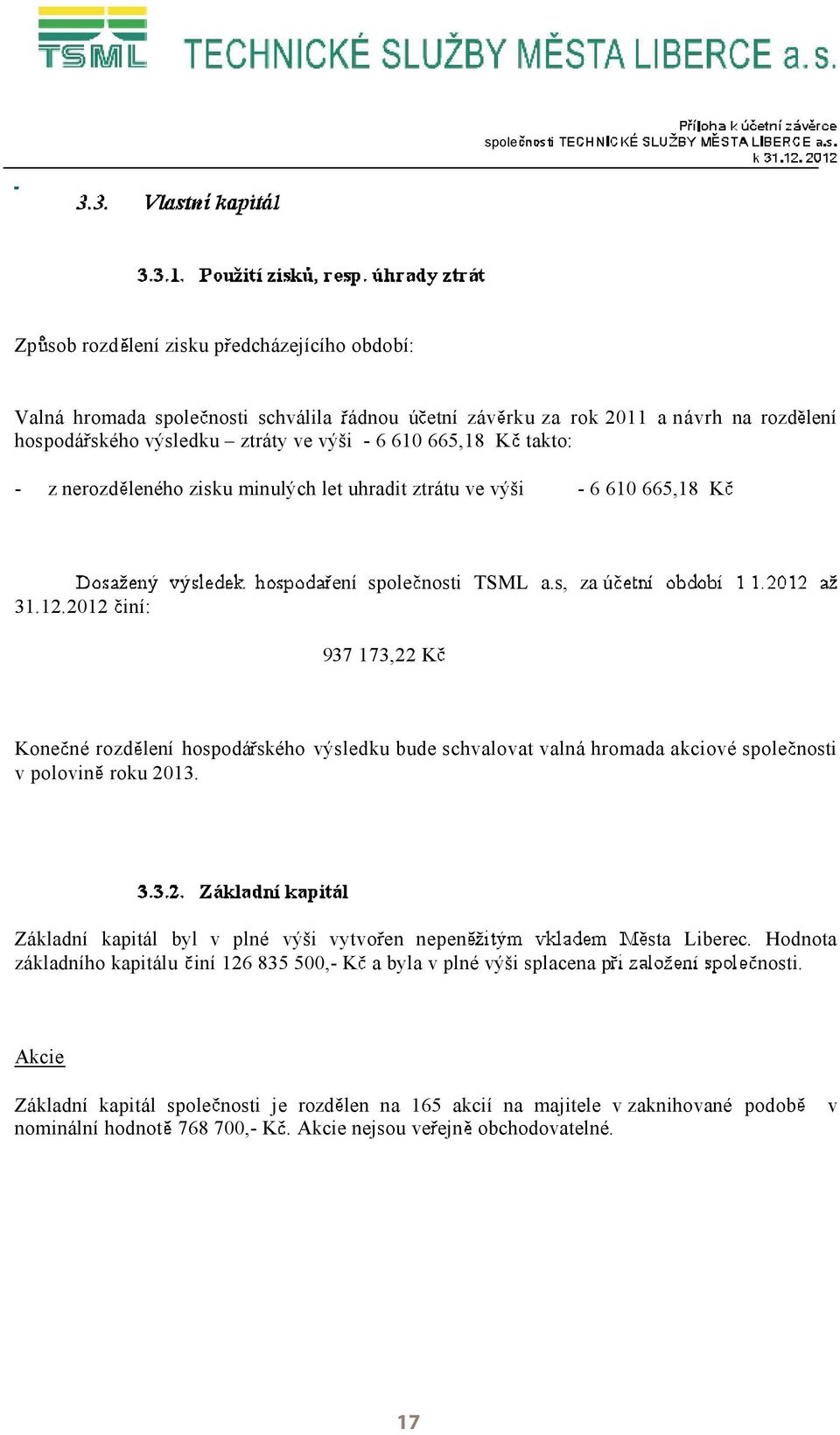 212 iní: 937 173,22 K Kone né rozd lení hospodá ského výsledku bude schvalovat valná hromada akciové spole nosti v polovin roku 213.