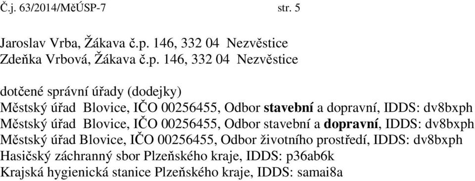 146, 332 04 Nezvěstice dotčené správní úřady (dodejky) Městský úřad Blovice, IČO 00256455, Odbor stavební a dopravní, IDDS: