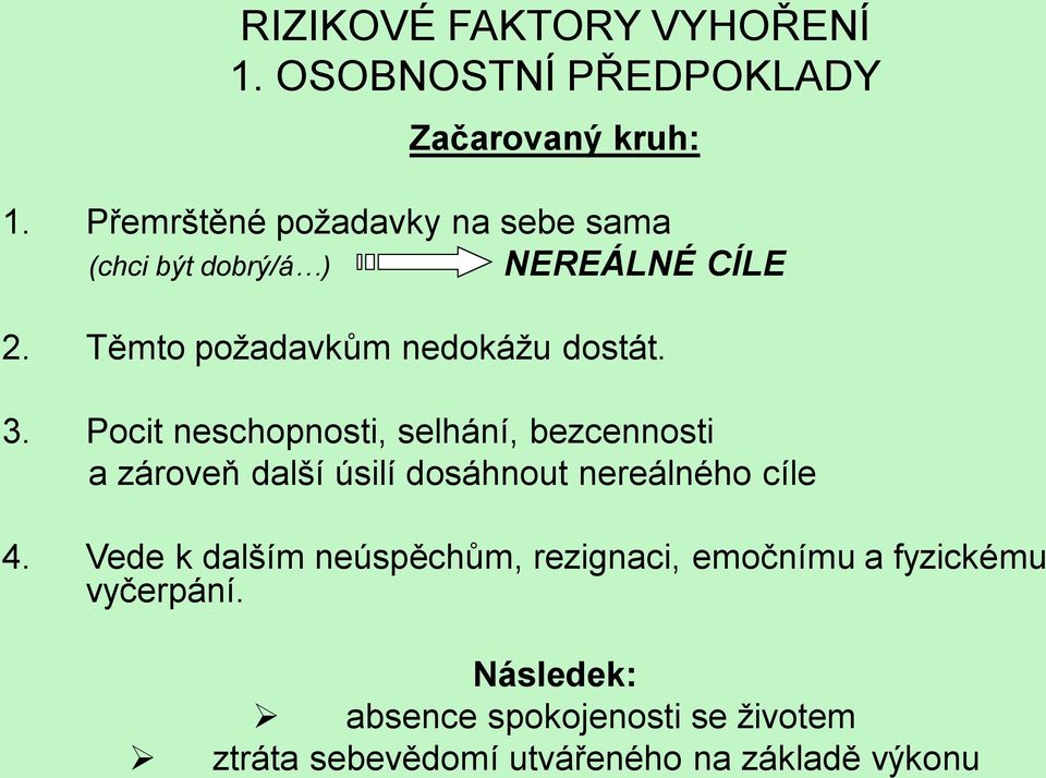 Pocit neschopnosti, selhání, bezcennosti a zároveň další úsilí dosáhnout nereálného cíle 4.