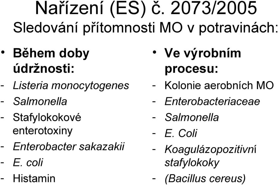 monocytogenes - Salmonella - Stafylokokové enterotoxiny - Enterobacter sakazakii - E.
