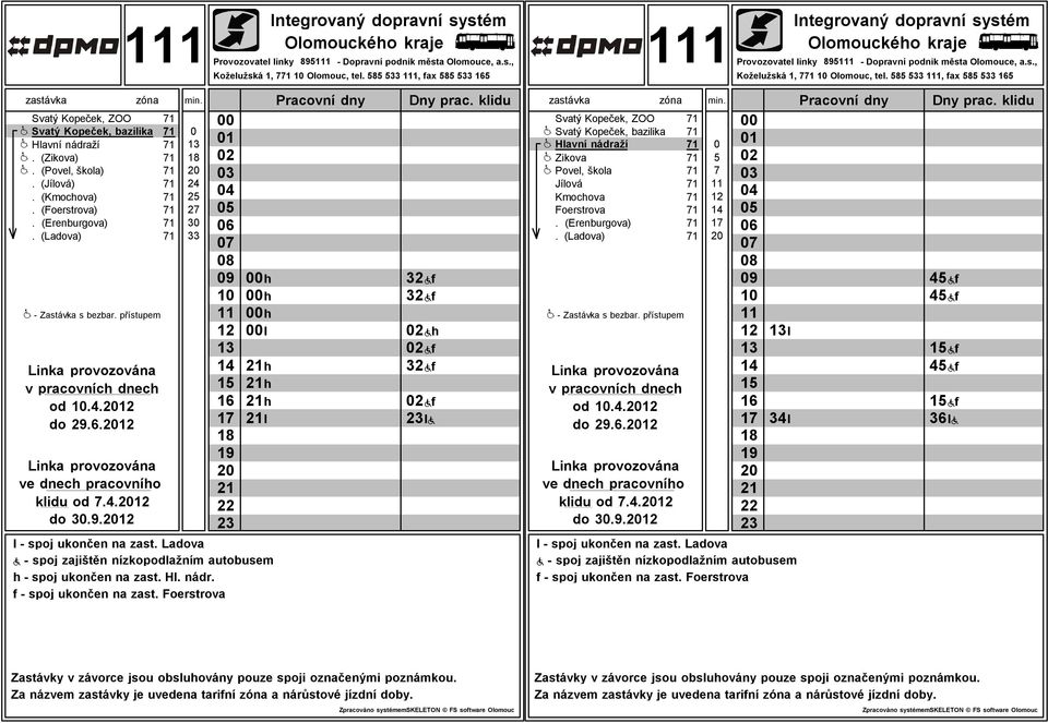 (Foerstrova) 1 od.4. do 9.. klidu od.4. do.9. 4 h h h l h h h l h - spoj ukončen na zast.