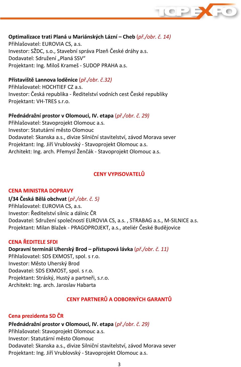 etapa (př./obr. č. 29) Přihlašovatel: Stavoprojekt Olomouc a.s. Investor: Statutární město Olomouc Dodavatel: Skanska a.s., divize Silniční stavitelství, závod Morava sever Projektant: Ing.